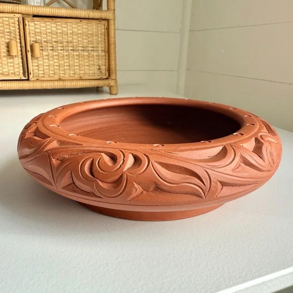 Vintage Bonsai Planter Unglazed Carved Bowl Terra Cotta Clay Bowl Succulent Pot - Picture 4 of 17